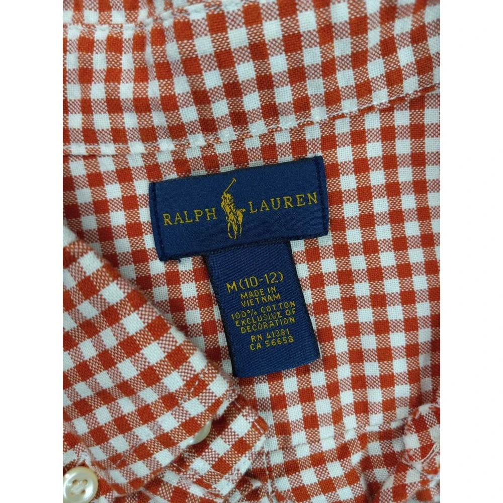 Ralph Lauren Kids Orange Gingham Button Down Shirt Size M 10-12 Cotton Pony Logo